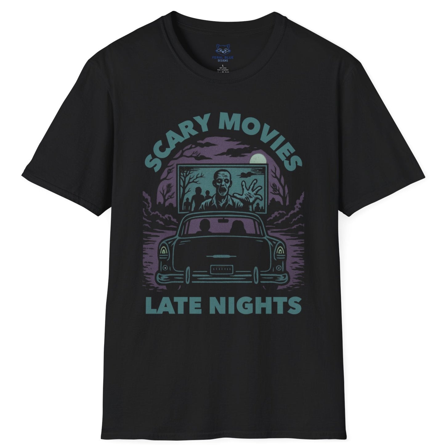Black t-shirt with a muted teal and purple spooky drive-in graphic and "Scary Movies, Late Night" text.