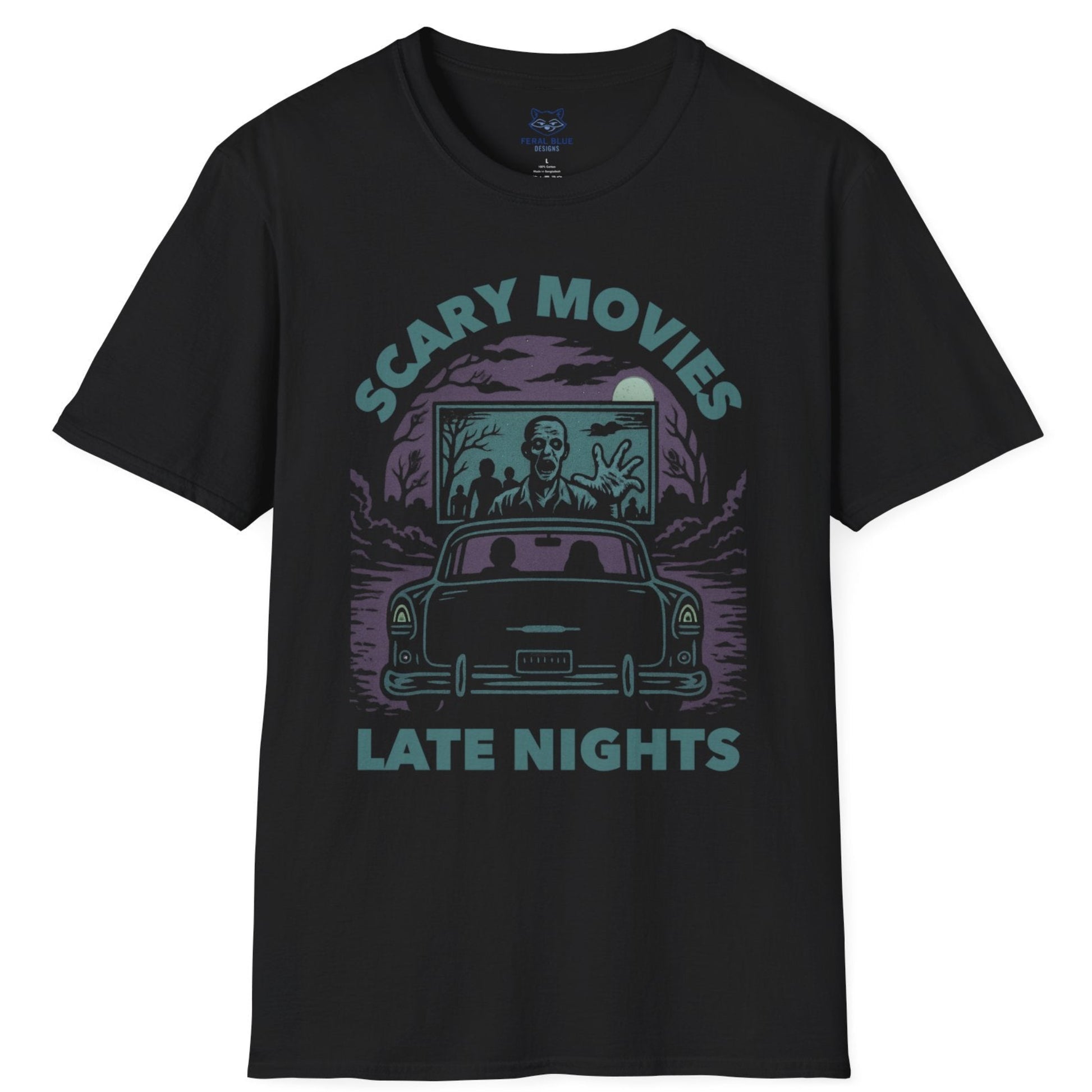 Black t-shirt with a muted teal and purple spooky drive-in graphic and "Scary Movies, Late Night" text.