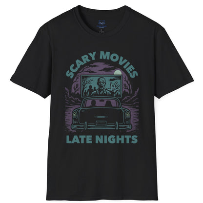 Black t-shirt with a muted teal and purple spooky drive-in graphic and "Scary Movies, Late Night" text.
