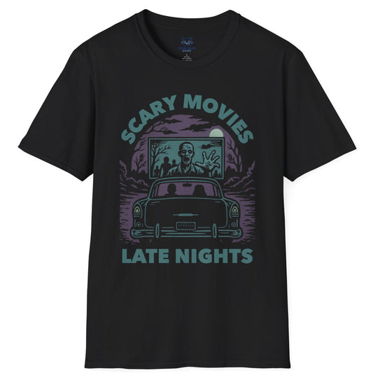 Black t-shirt with a muted teal and purple spooky drive-in graphic and "Scary Movies, Late Night" text.