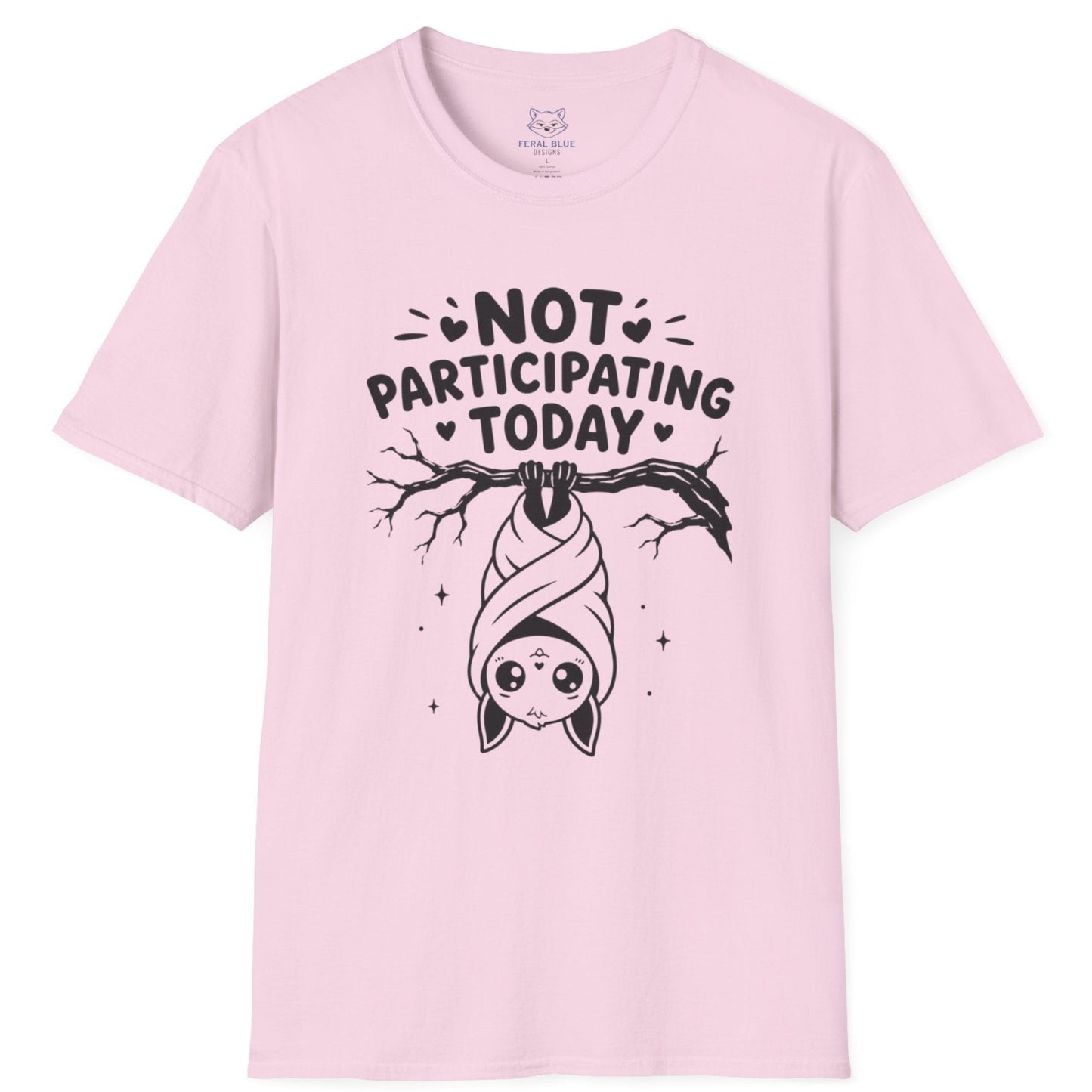 Pink t-shirt with a graphic design and text 'Not Participating Today' on a white background