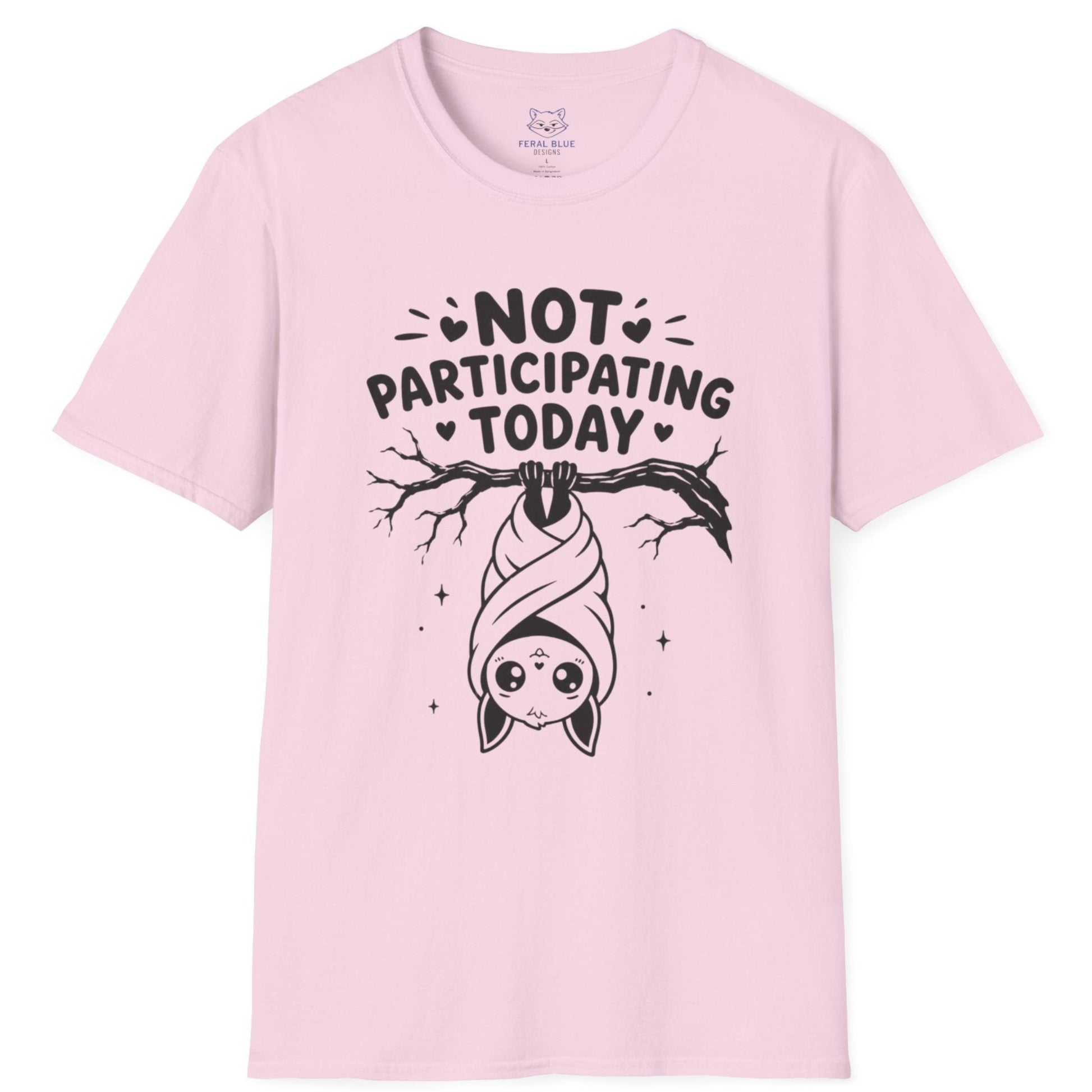 Pink t-shirt with a graphic design and text 'Not Participating Today' on a white background
