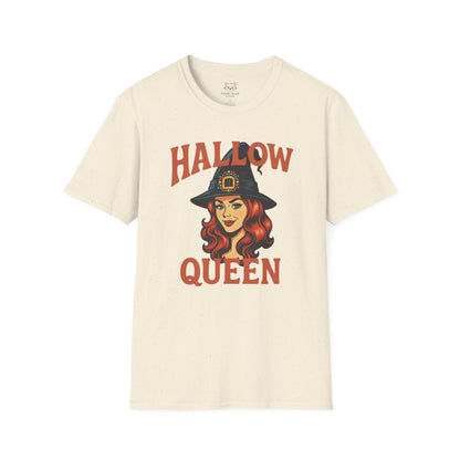 Cream t-shirt with "Hallow Queen" orange text and retro red-headed witch graphic. Halloween, Hallow-queen pun t-shirt.