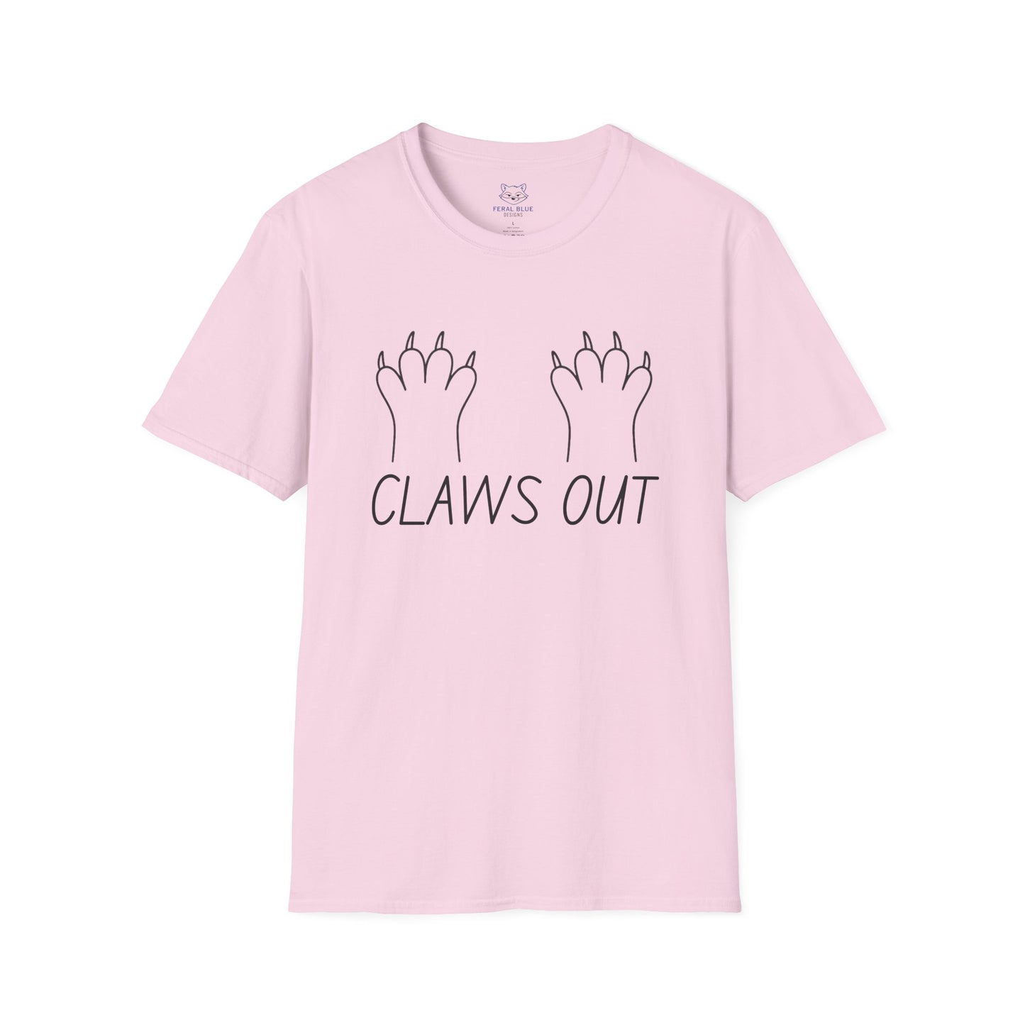 Pink t-shirt with black text "Claws out" and black line graphic of animal paws.