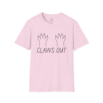 Pink t-shirt with black text "Claws out" and black line graphic of animal paws.