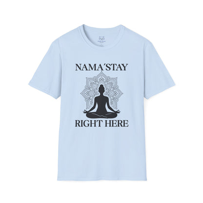Light blue t-shirt with a black silhouette of a mandala and a person in meditation and black text 'Nama'stay right here'.