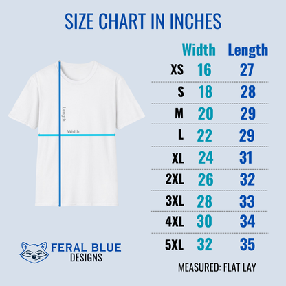 Size chart for shirts in inches with Feral Blue Designs logo