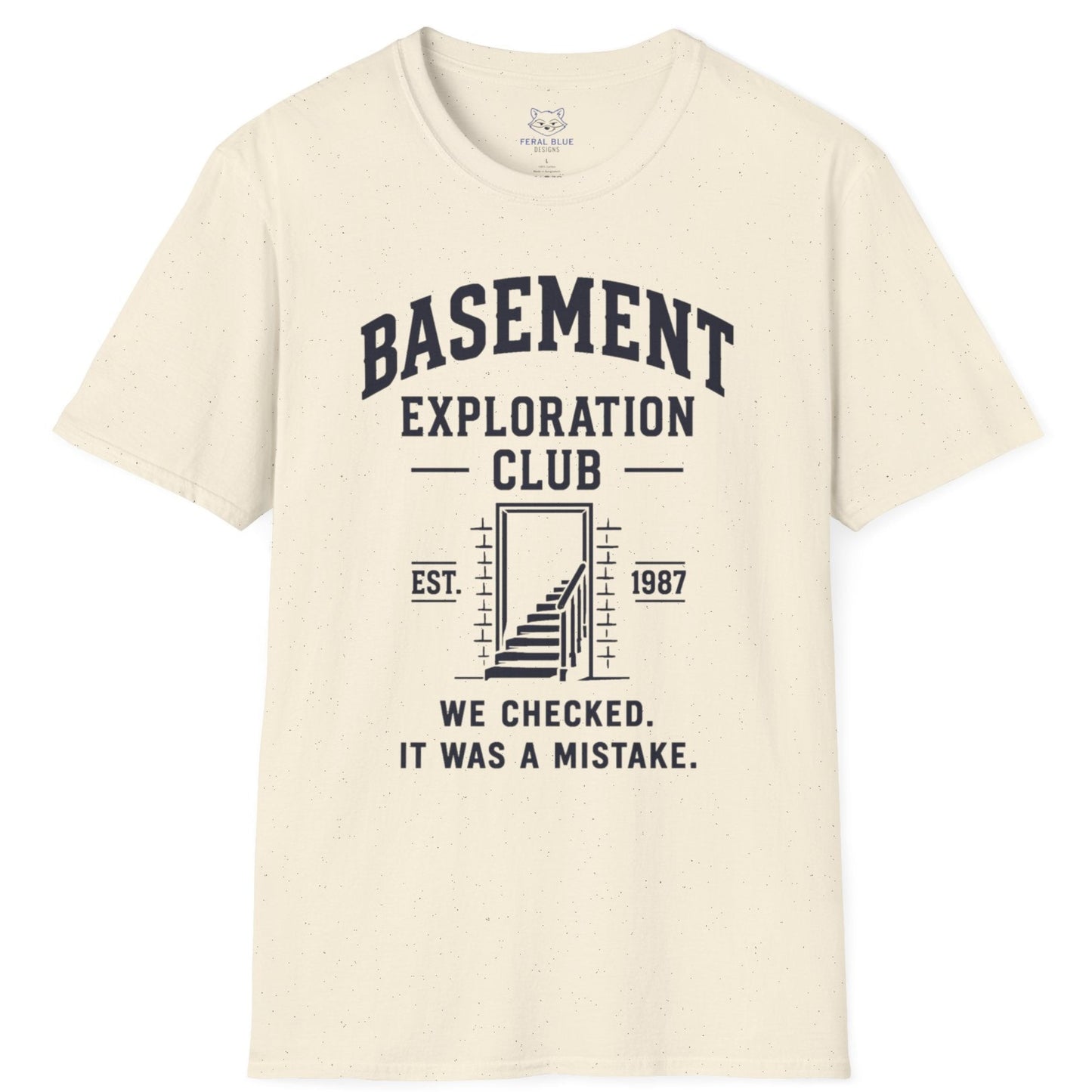 Beige t-shirt with 'Basement Exploration Club' graphic and text on a white background