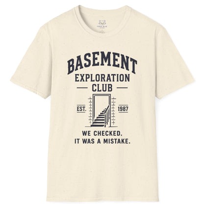 Beige t-shirt with 'Basement Exploration Club' graphic and text on a white background