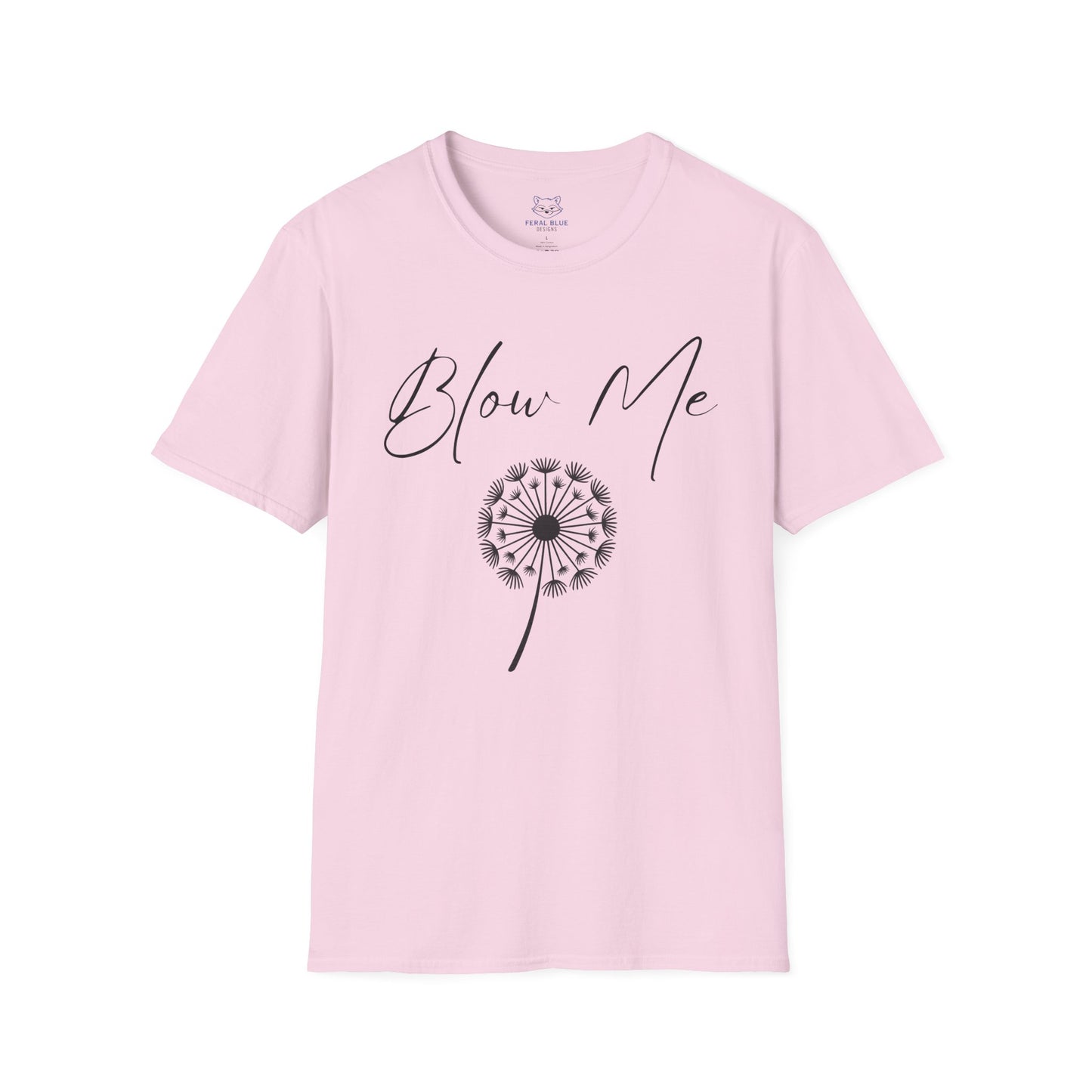 Pink t-shirt with black "Blow Me" text and a black digital dandelion graphic.