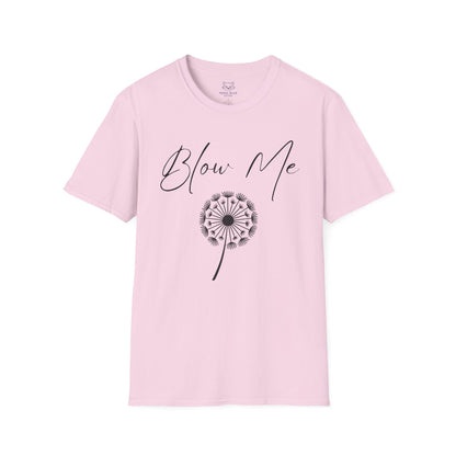 Pink t-shirt with black "Blow Me" text and a black digital dandelion graphic.