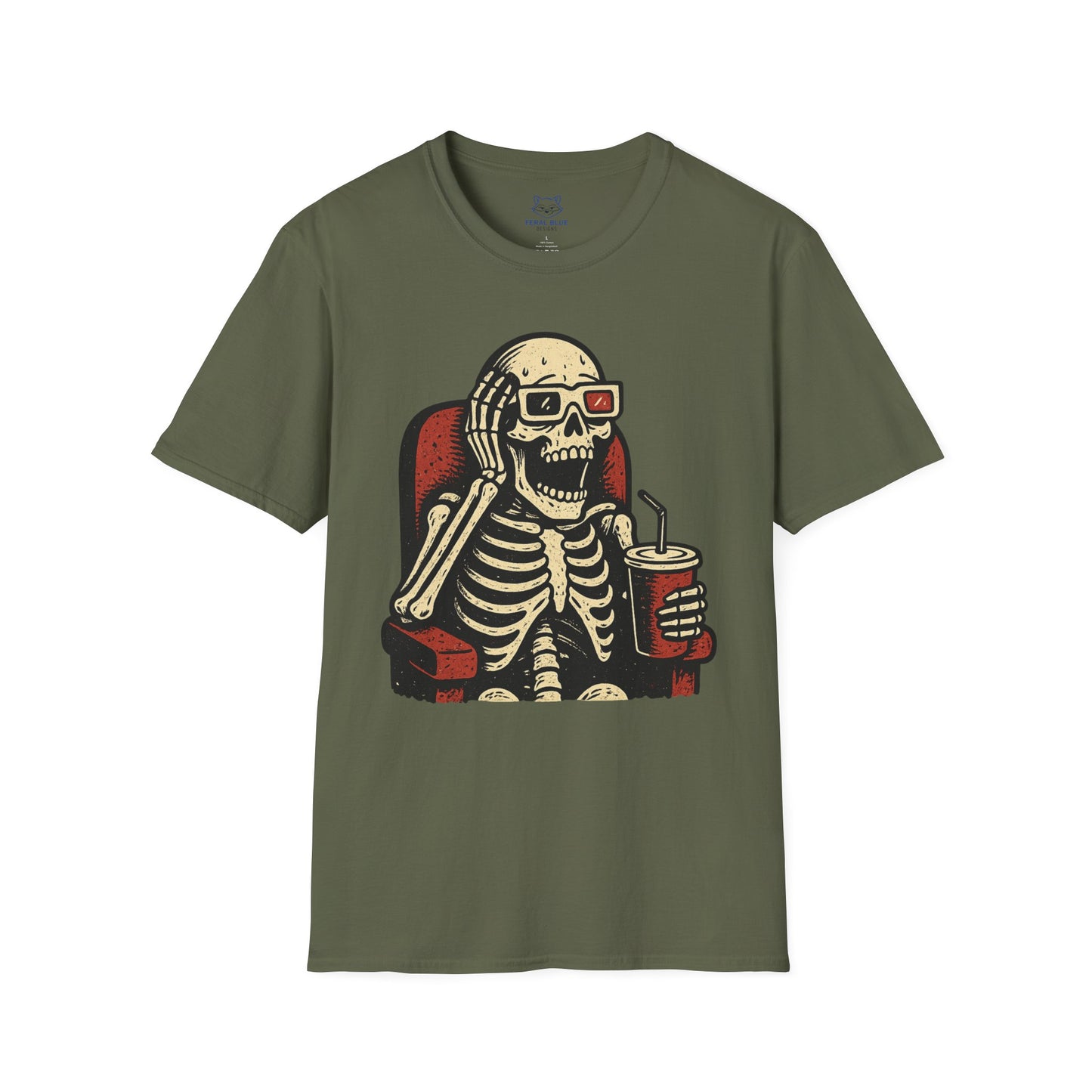 Green t-shirt with a skeleton design wearing 3-d glasses, sitting in a theater seat, and holding a drink