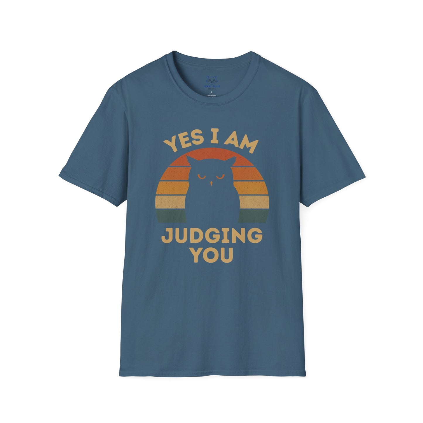 Blue t-shirt with Owl sunset graphic and the text 'Yes I Am Judging You'