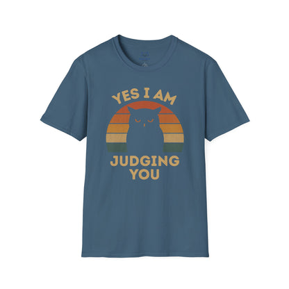 Blue t-shirt with Owl sunset graphic and the text 'Yes I Am Judging You'