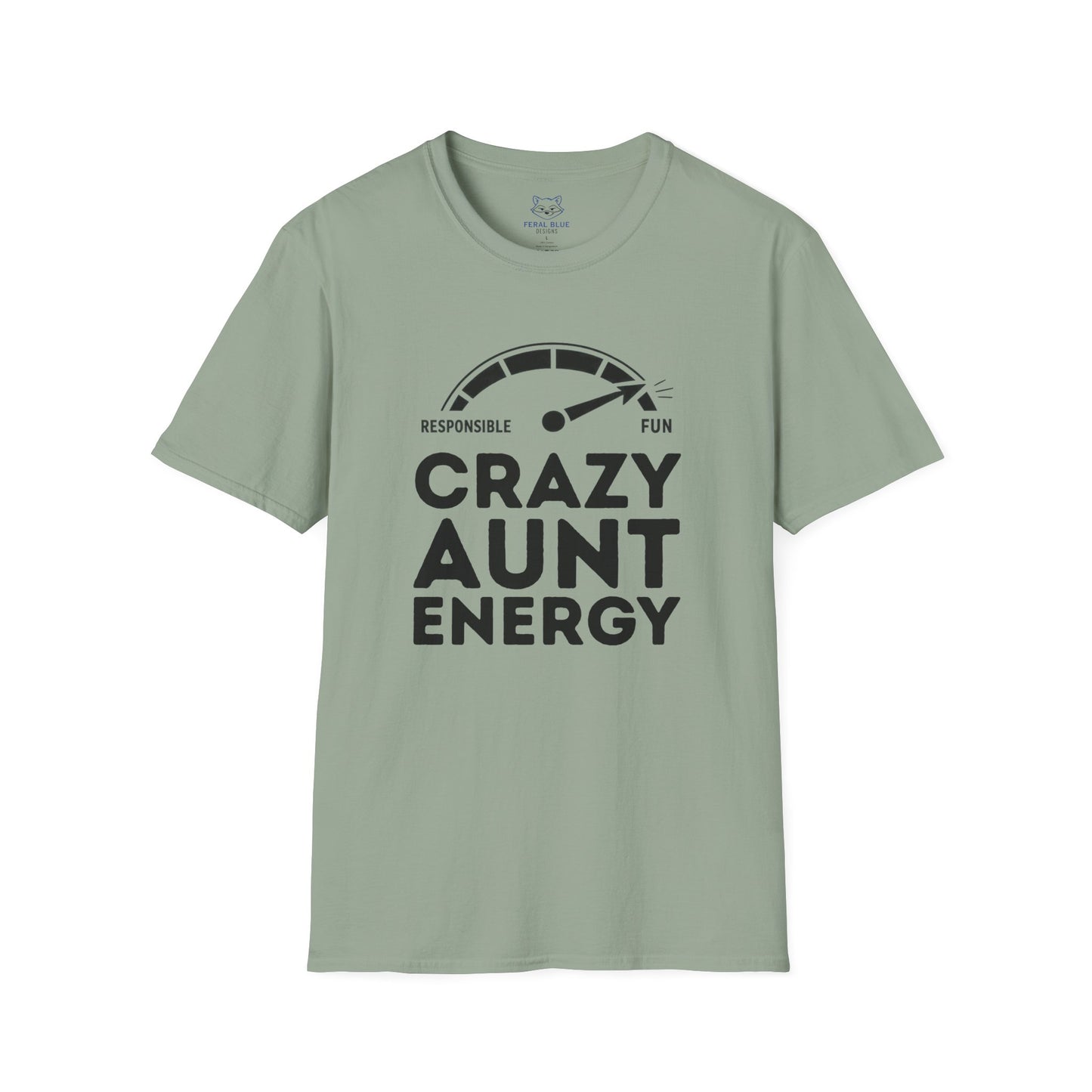 Sage green t-shirt with 'Crazy Aunt Energy' text on a white background