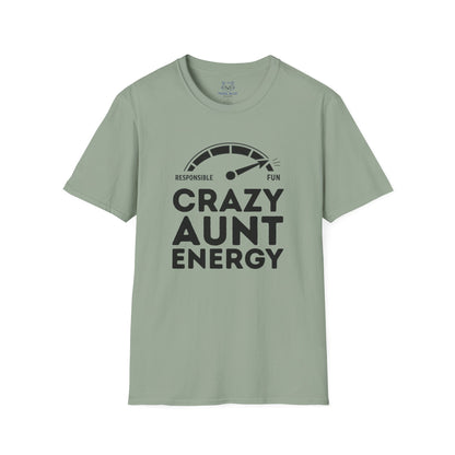 Sage green t-shirt with 'Crazy Aunt Energy' text on a white background