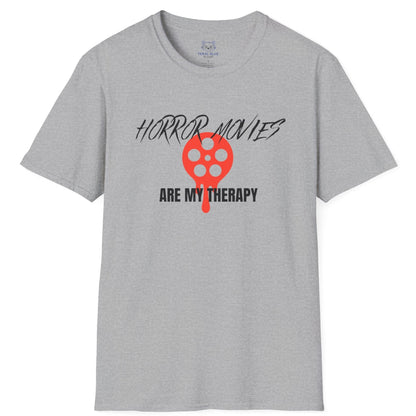 Gray t-shirt with 'horror movies are my therapy' black text and red, dripping film reel graphic.