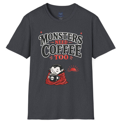 Gray t-shirt with 'Monsters Need Coffee Too' graphic design on a white background