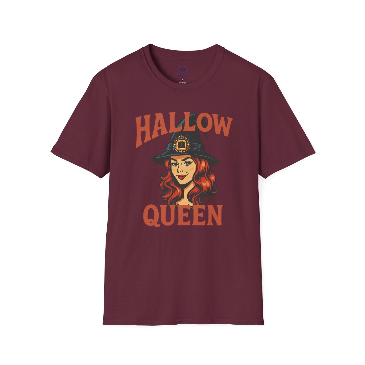 Maroon t-shirt with "Hallow Queen" orange text and retro red-headed witch graphic. Halloween, Hallow-queen pun t-shirt.