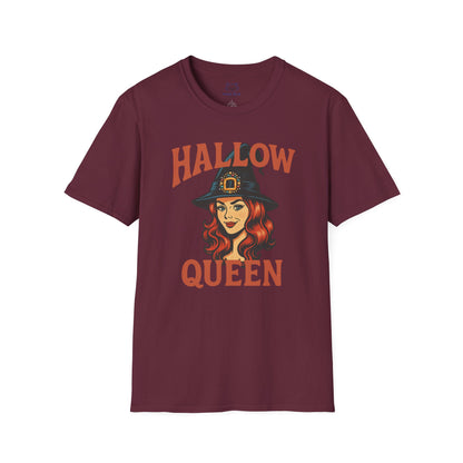 Maroon t-shirt with "Hallow Queen" orange text and retro red-headed witch graphic. Halloween, Hallow-queen pun t-shirt.