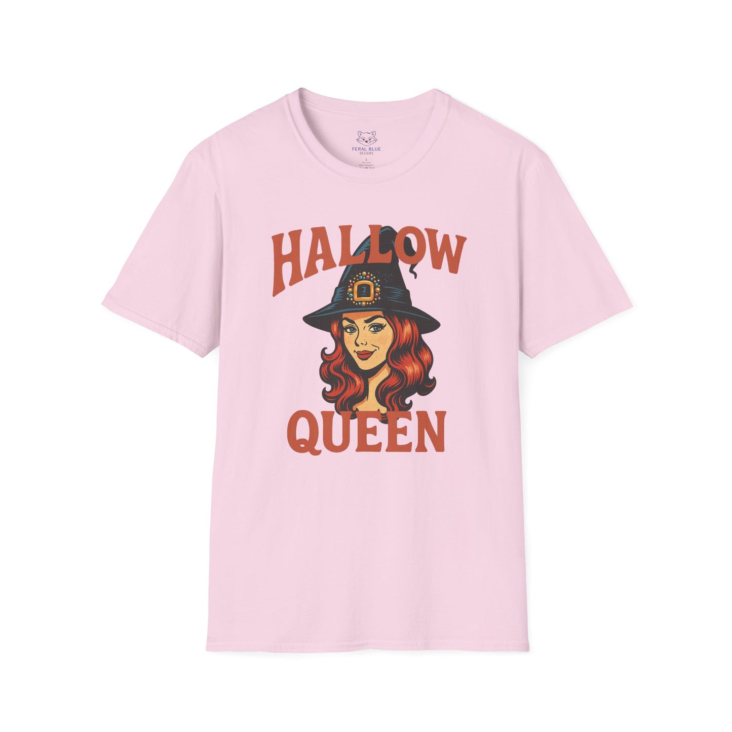 Light pink t-shirt with "Hallow Queen" orange text and retro red-headed witch graphic. Halloween, Hallow-queen pun t-shirt.