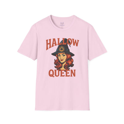 Light pink t-shirt with "Hallow Queen" orange text and retro red-headed witch graphic. Halloween, Hallow-queen pun t-shirt.