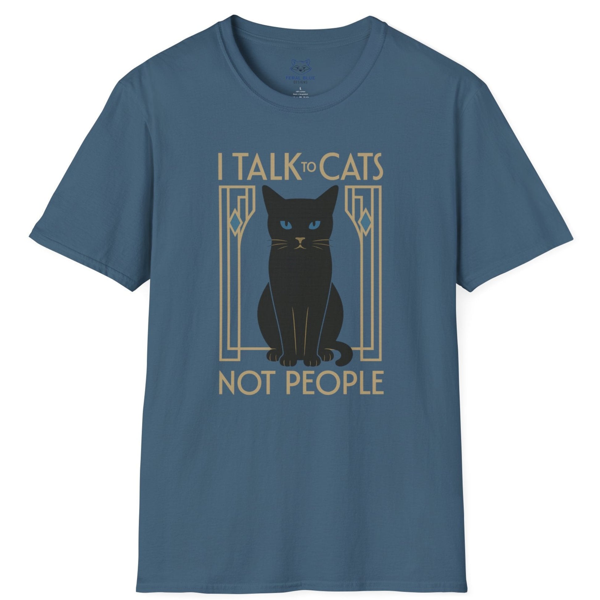 Blue t-shirt with 'I Talk to Cats not People' text and a black cat art deco graphic.