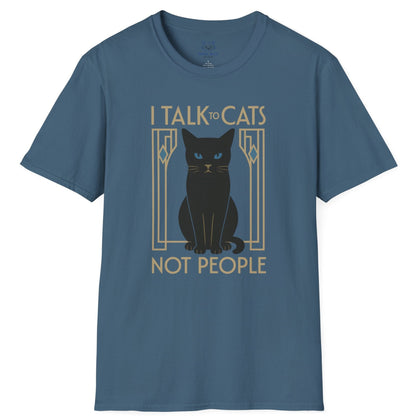 Blue t-shirt with 'I Talk to Cats not People' text and a black cat art deco graphic.