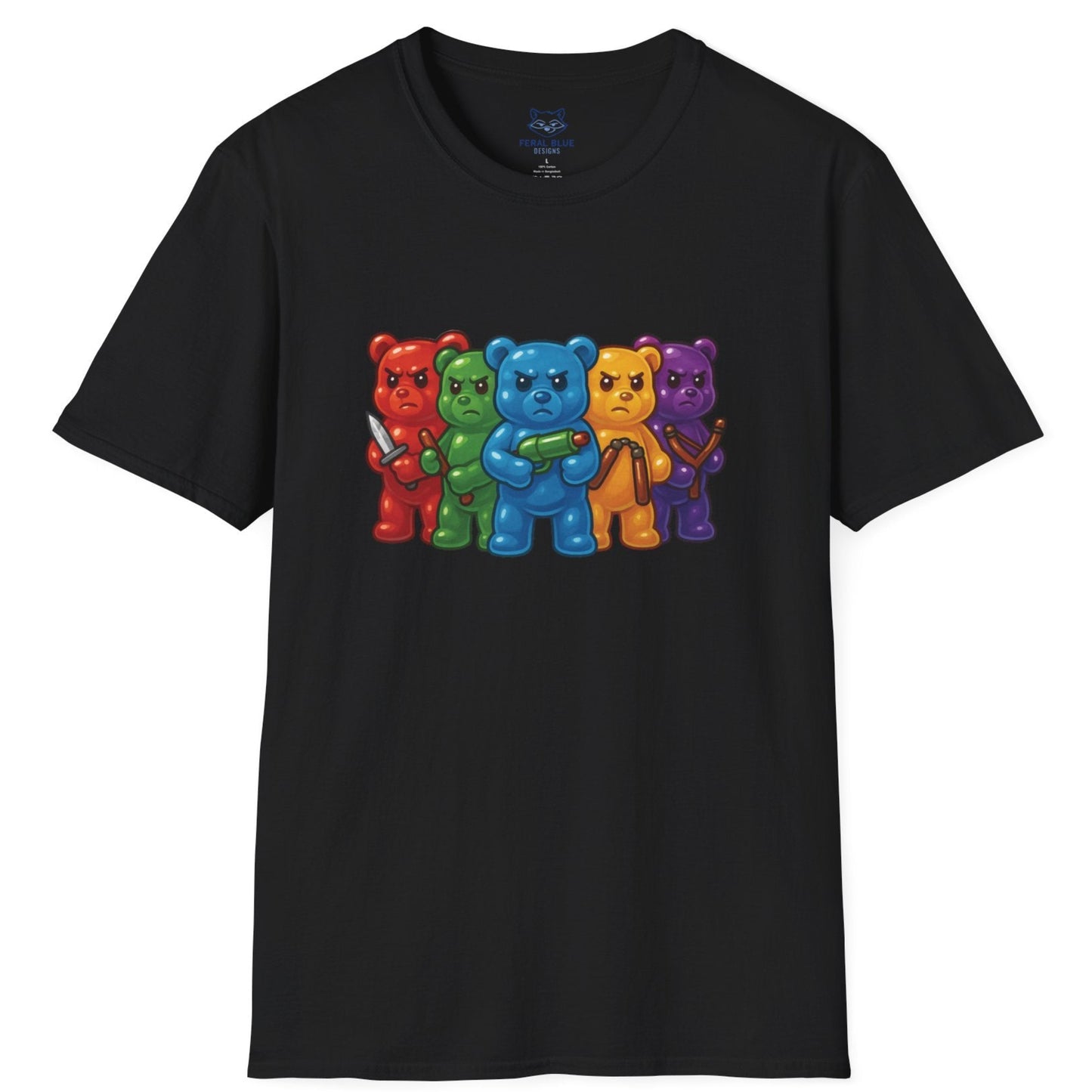 Black t-shirt with colorful gummy bears with weapons graphic