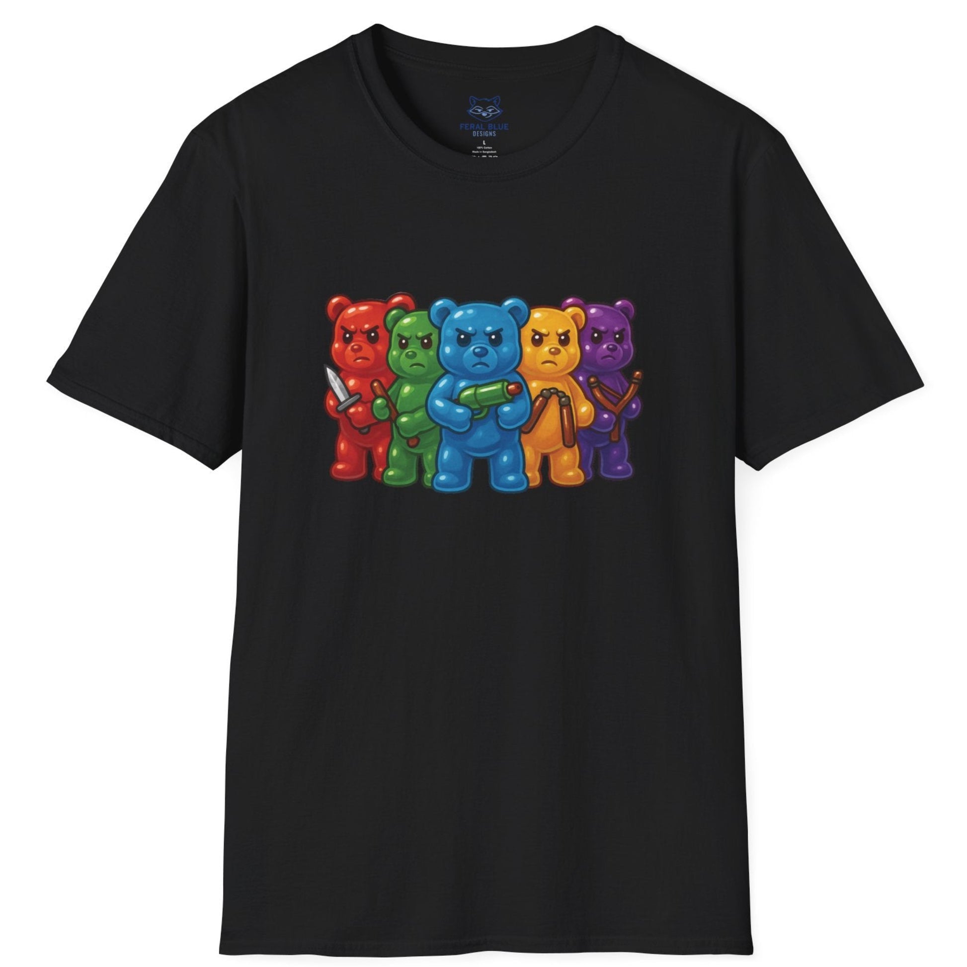 Black t-shirt with colorful gummy bears with weapons graphic