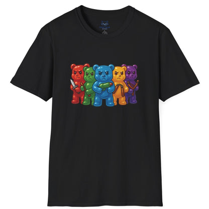 Black t-shirt with colorful gummy bears with weapons graphic