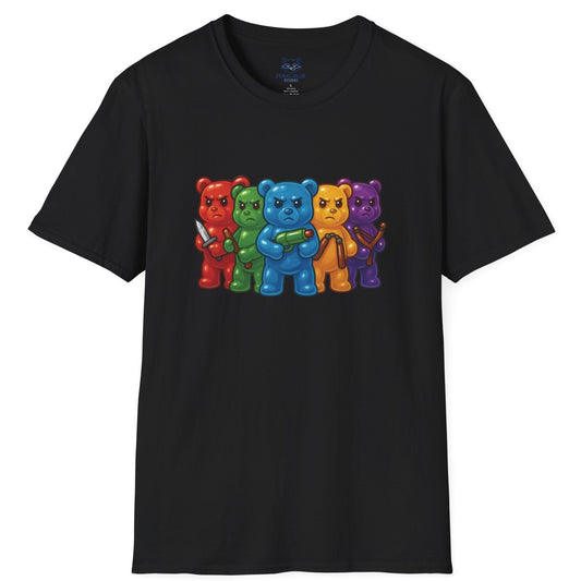 Black t-shirt with colorful gummy bears with weapons graphic