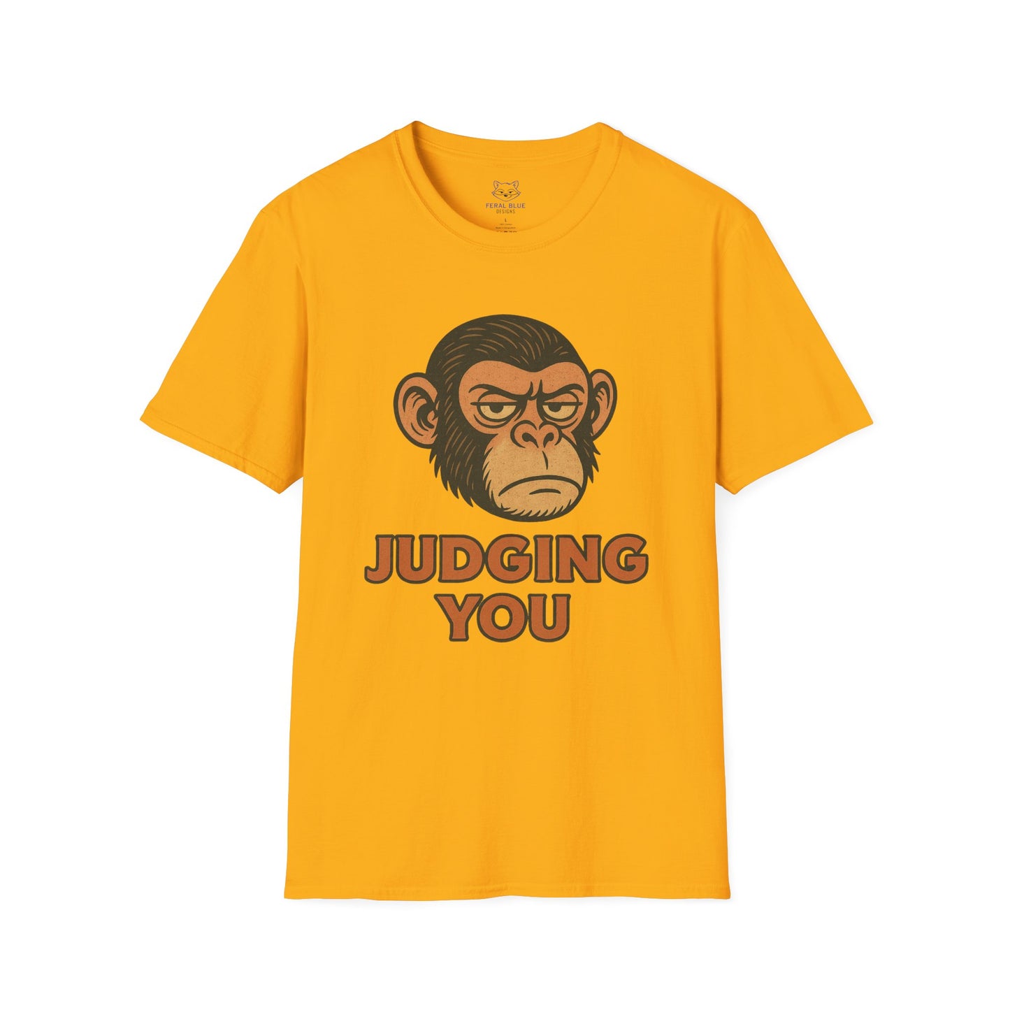 Gold-yellow t-shirt with a chimp graphic and 'Judging You' text.
