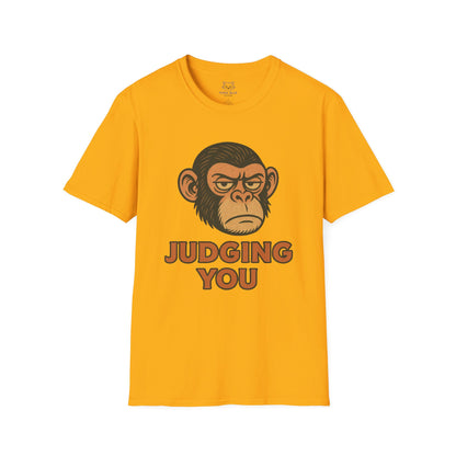 Gold-yellow t-shirt with a chimp graphic and 'Judging You' text.