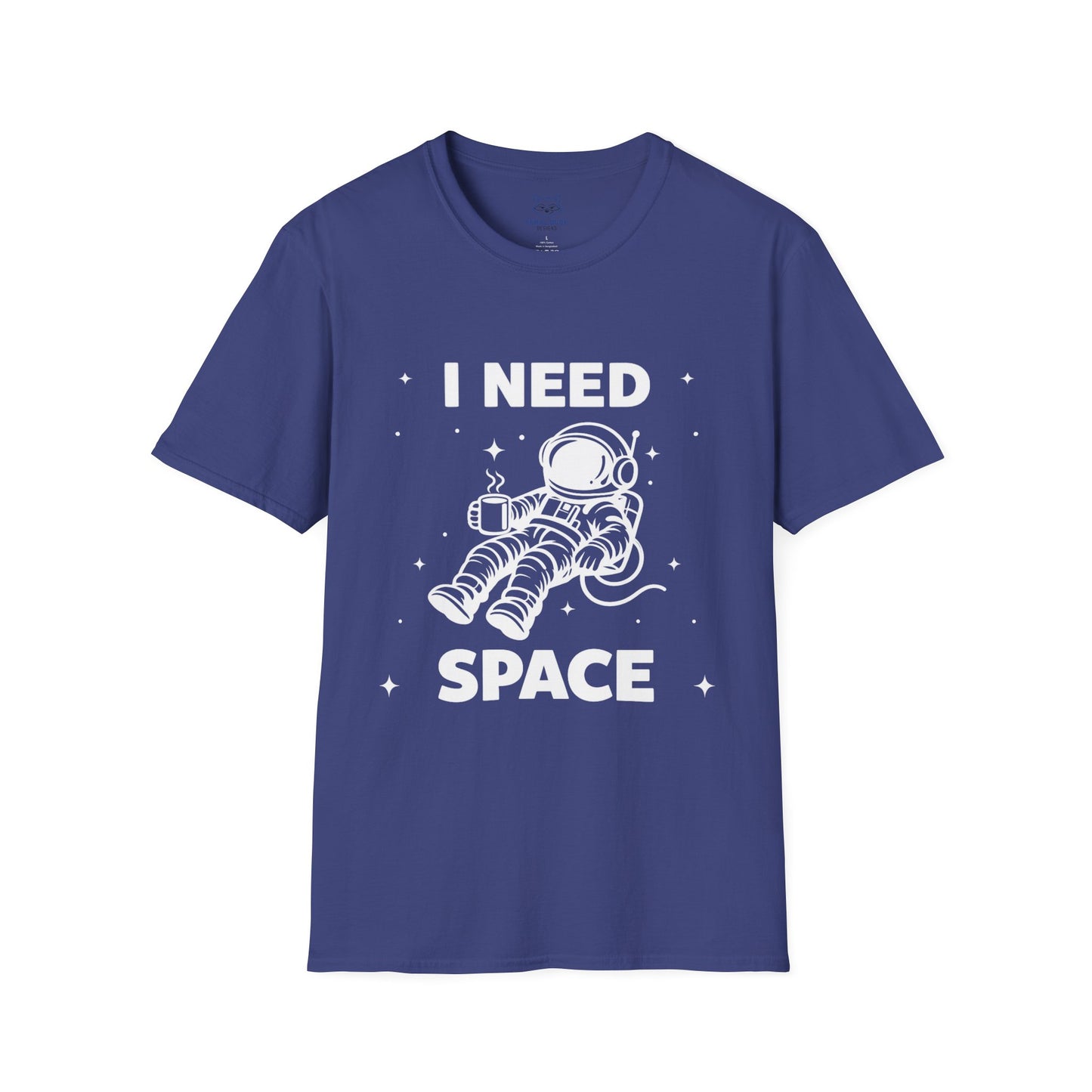 Blue t-shirt with white 'I Need Space' white text with white graphic of astronaut floating in space with coffee cup.