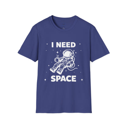 Blue t-shirt with white 'I Need Space' white text with white graphic of astronaut floating in space with coffee cup.