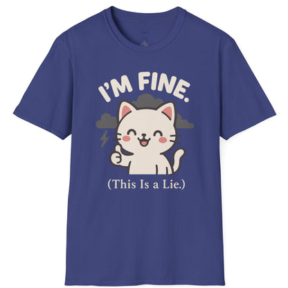 Indigo blue t-shirt with a Kawaii cat and gray storm clouds graphic and "I'm Fine (This is a lie)" text