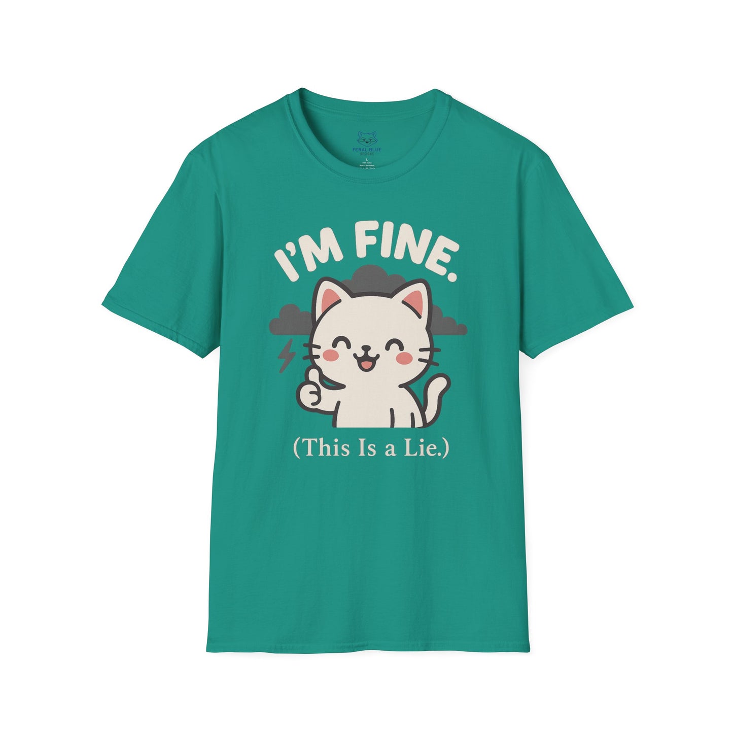 green t-shirt with a Kawaii cat and gray storm clouds graphic and "I'm Fine (This is a lie)" text