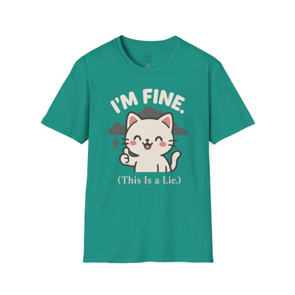 green t-shirt with a Kawaii cat and gray storm clouds graphic and "I'm Fine (This is a lie)" text