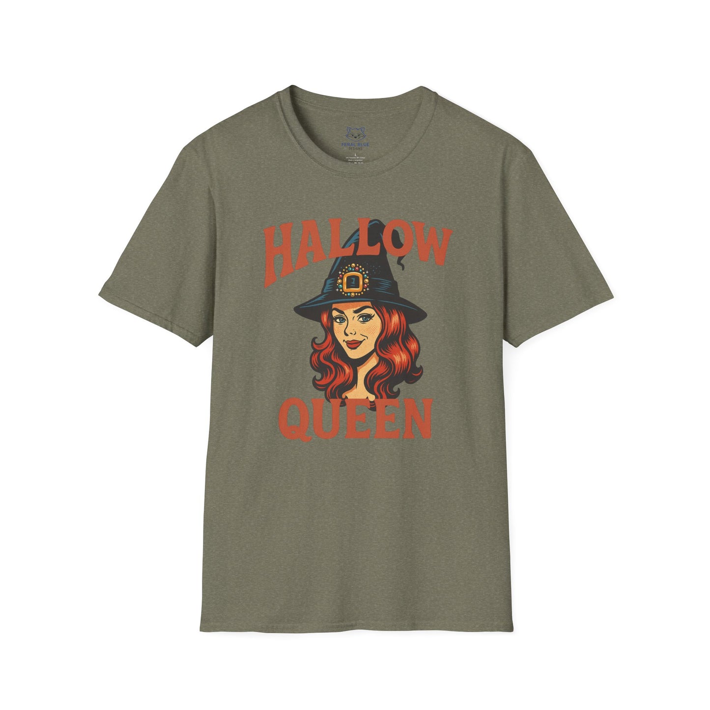 a green t-shirt with "Hallow Queen" orange text and retro red-headed witch graphic. Halloween, Hallow-queen pun t-shirt.