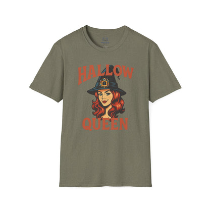 a green t-shirt with "Hallow Queen" orange text and retro red-headed witch graphic. Halloween, Hallow-queen pun t-shirt.