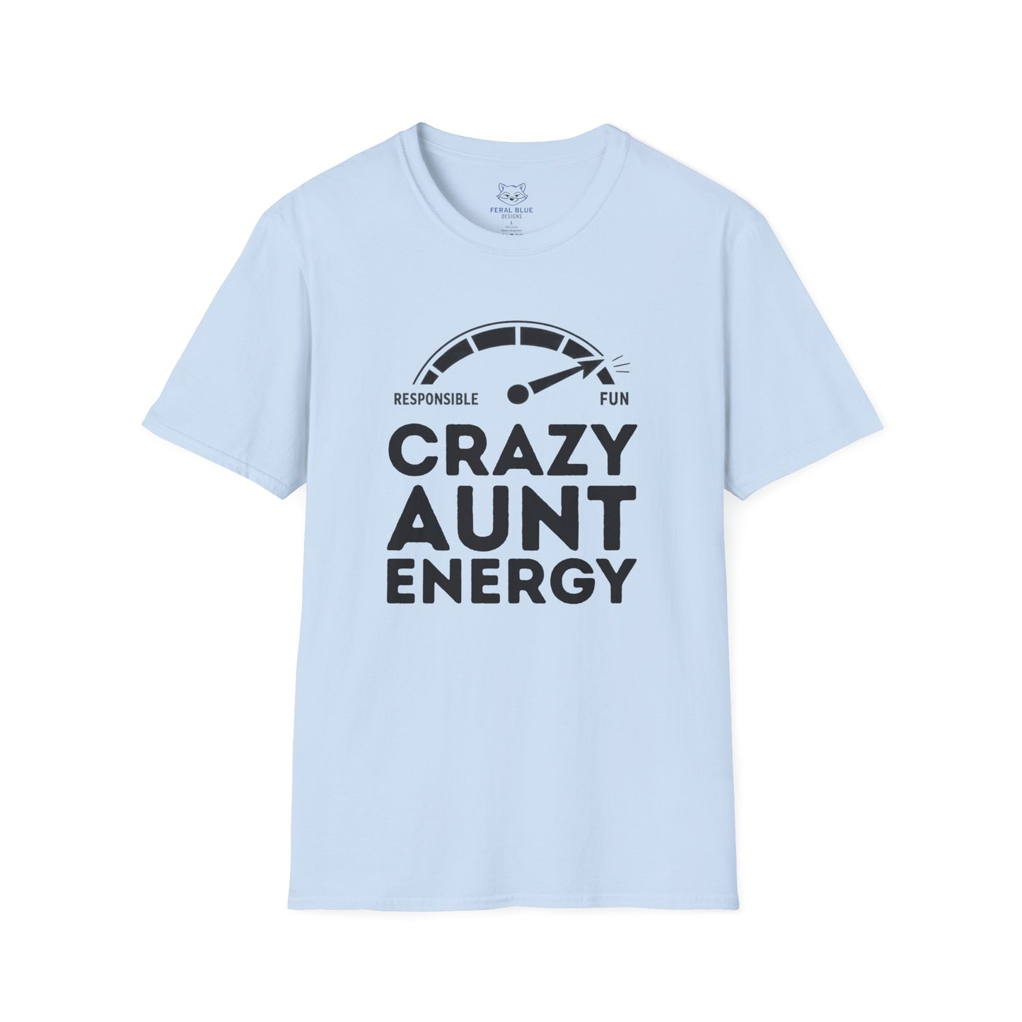 Light blue t-shirt with 'Crazy Aunt Energy' text on a white background