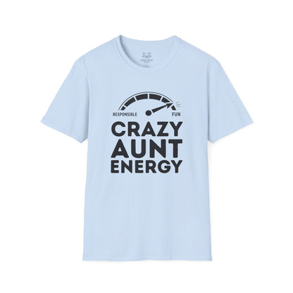 Light blue t-shirt with 'Crazy Aunt Energy' text on a white background
