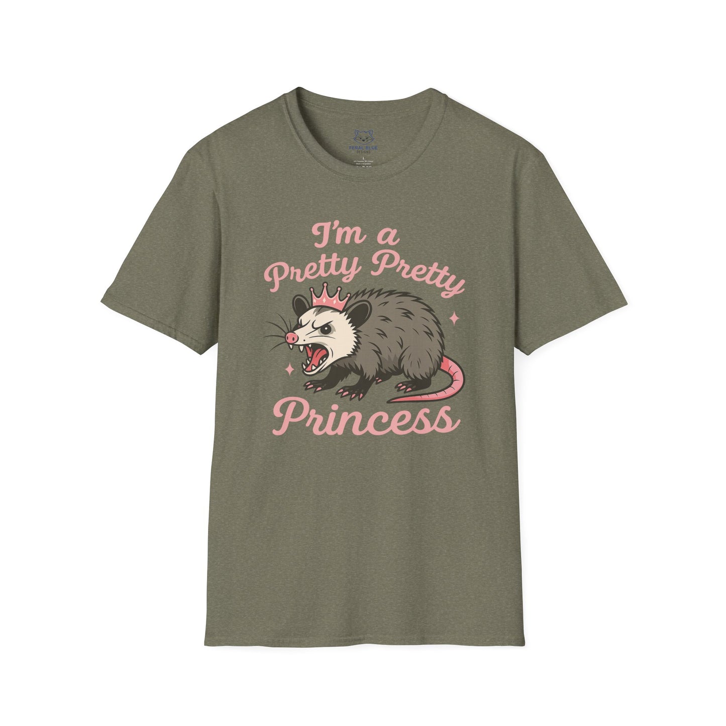 Green t-shirt with an angry opossum wearing a tiara graphic and 'I'm a pretty pretty princess' pink text.