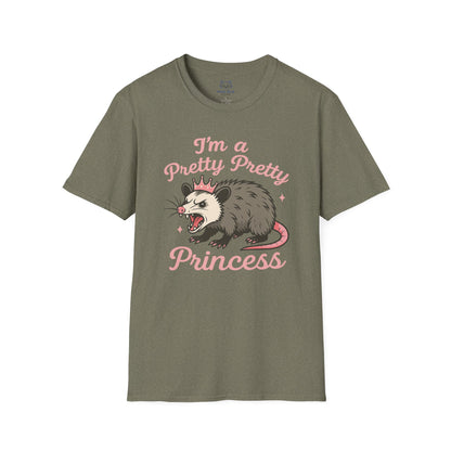 Green t-shirt with an angry opossum wearing a tiara graphic and 'I'm a pretty pretty princess' pink text.
