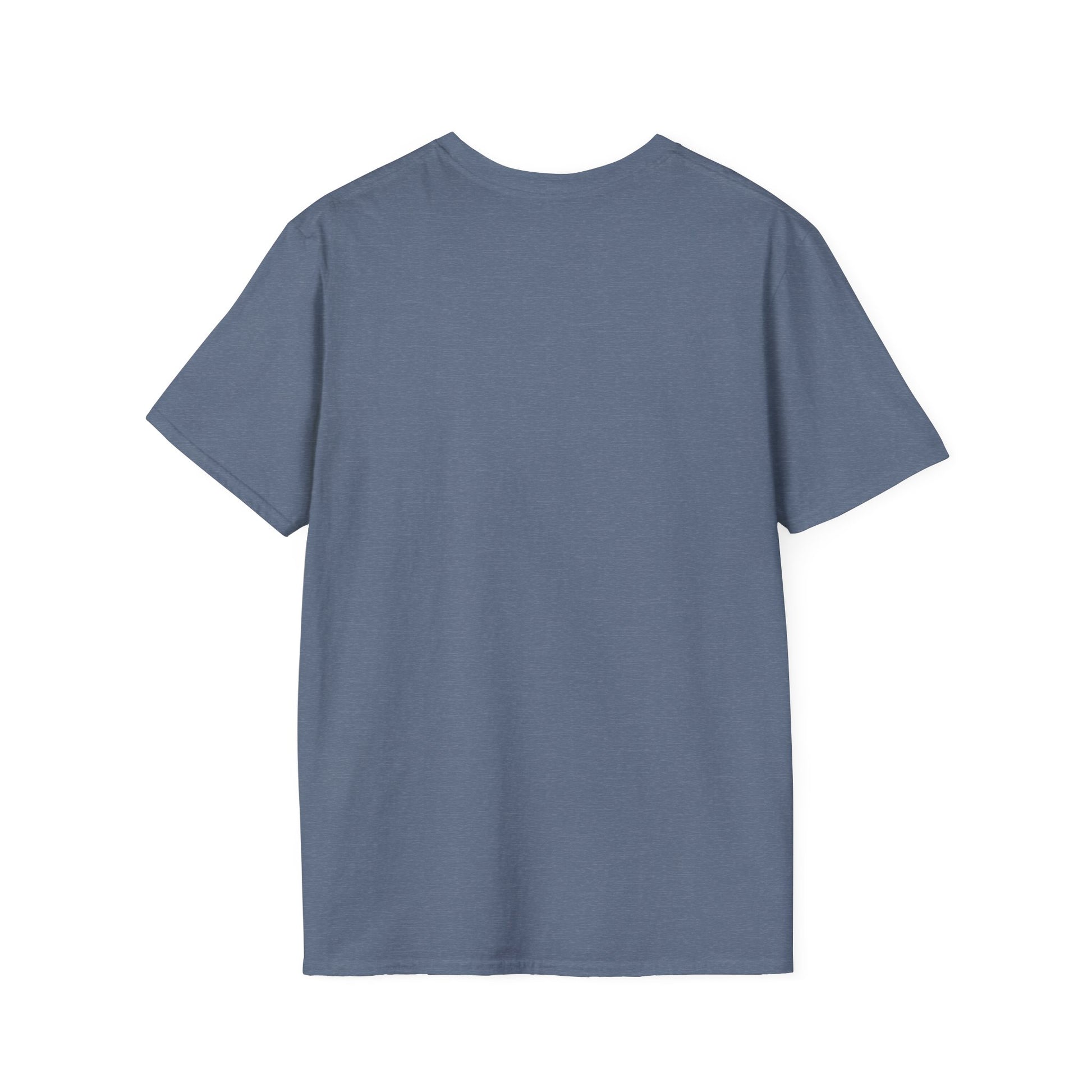Back of a blank, blue t-shirt.