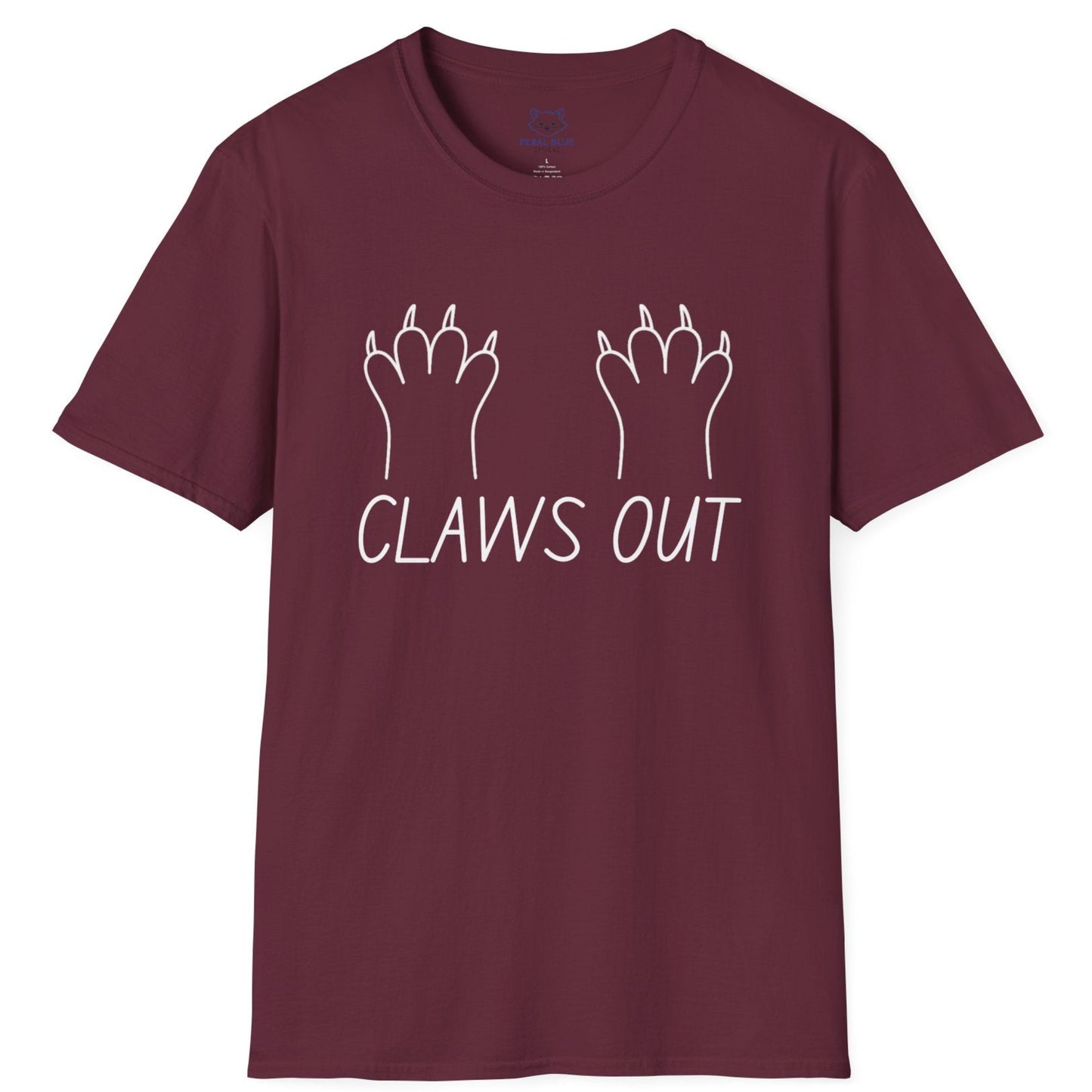 Maroon t-shirt with white text "Claws out" and white line graphic of animal paws.