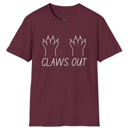 Maroon t-shirt with white text "Claws out" and white line graphic of animal paws.