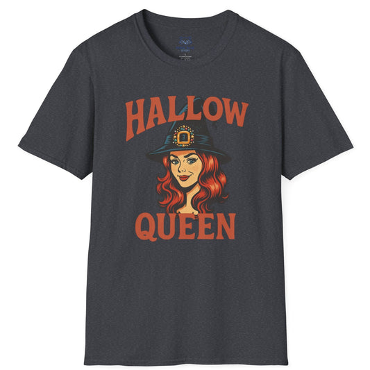 Dark gray t-shirt with "Hallow Queen" orange text and retro red-headed witch graphic. Halloween, Hallow-queen pun t-shirt.