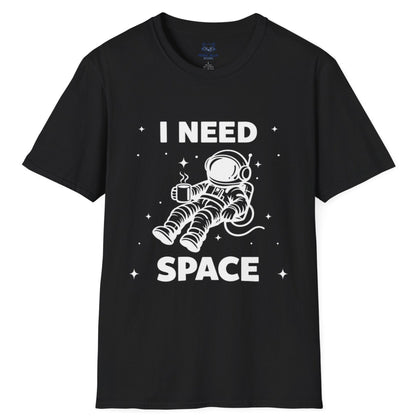 black t-shirt with 'I Need Space' white text and a white graphic of an astronaut floating in space holding a coffee cup.